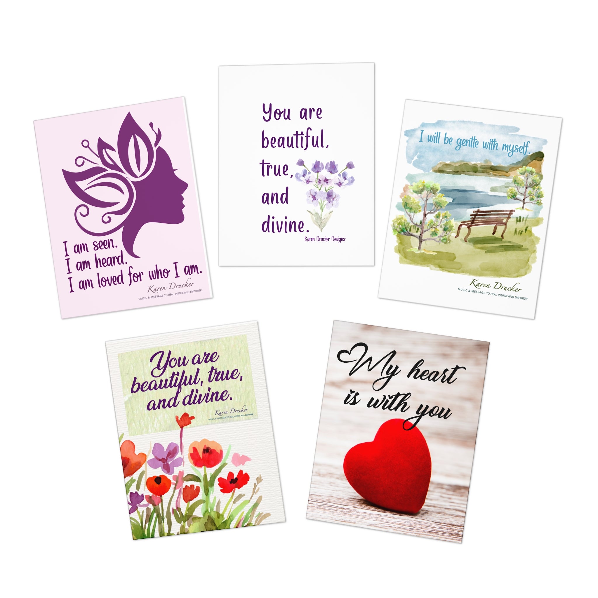 Karen Drucker Designs Greeting Cards Set, Uplifting Note Cards, Blessings Card Pack - 5-Pack